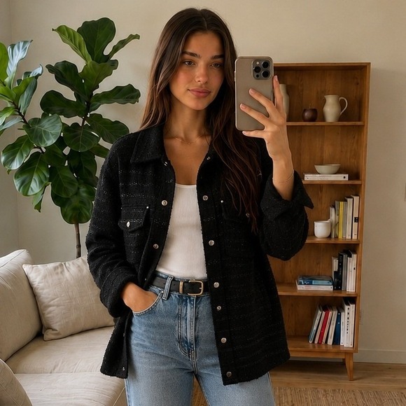 Zara Jackets & Blazers - Zara Womens Tweed Shacket S Oversized Black Textured Jacket Preppy Parisian Chic